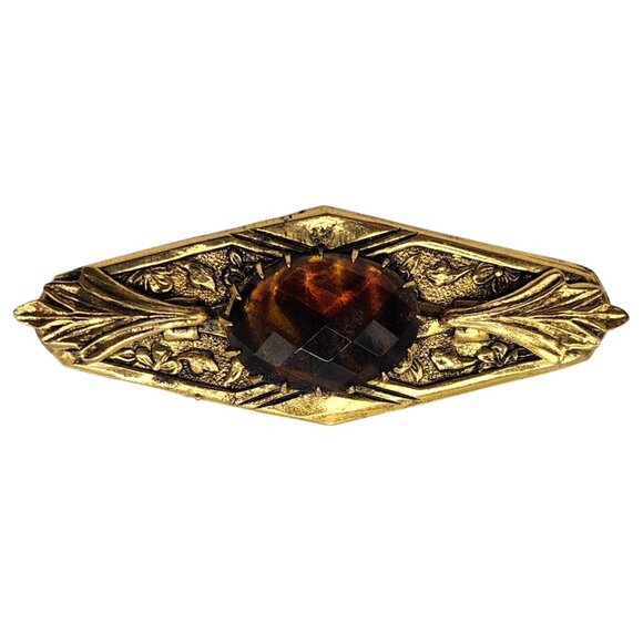 Vintage Freirich Gold Tone Victorian Revival Amber Glass Mourning Brooch Pin - Picture 3 of 7